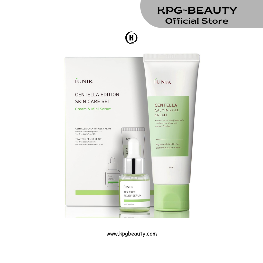 iUNIK Centella Edition Skincare Set (Cream 2.02 fl.oz. & Mini Serum 0.51 fl.oz.) - Centella Asiatica and Tea Tree Leaf Waters to Soothe, Calm, Moisturize, and Protect the Skin IUNIK