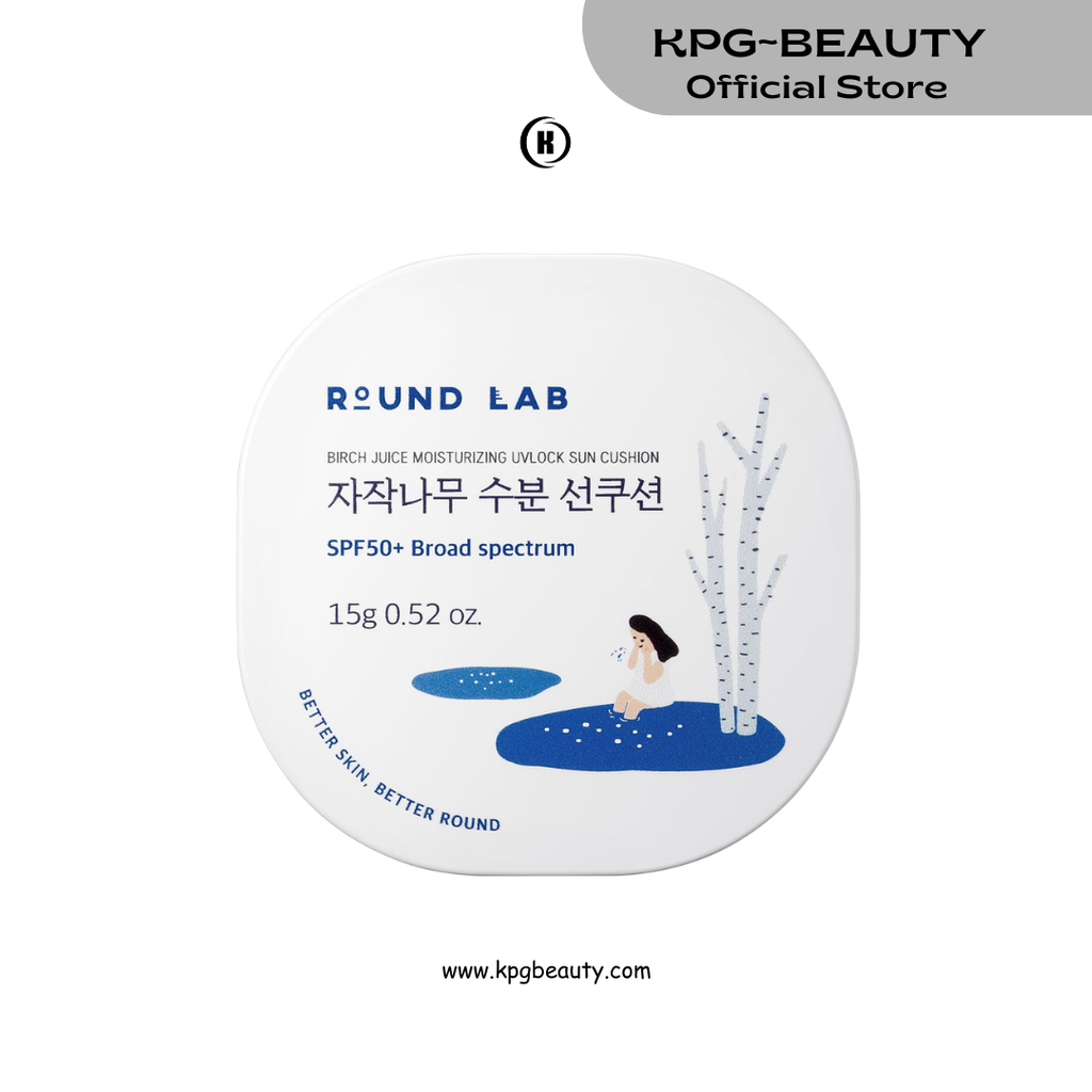 Round Lab Birch Juice Moisturizing UV Lock Sun Cushion, SPF50+ Broad Spectrum, 0.52 oz, Mineral Sunscreen for All Family Members, Over Makeup Poratable Sun cushion, No White cast, Korean Sunscreen Round Lab