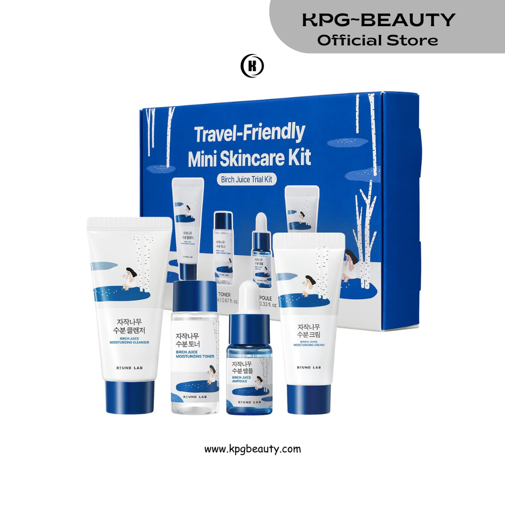ROUND LAB Birch Juice Moisturizing Mini Kit, 4-Step Travel Size Skincare Set for acne prone and oily skin(Cleanser, Toner, Serum, Cream), Daily Skin Care Routine Trial Kit for Acne-Prone and Sensitive Skin, Korean Skin Care Round Lab