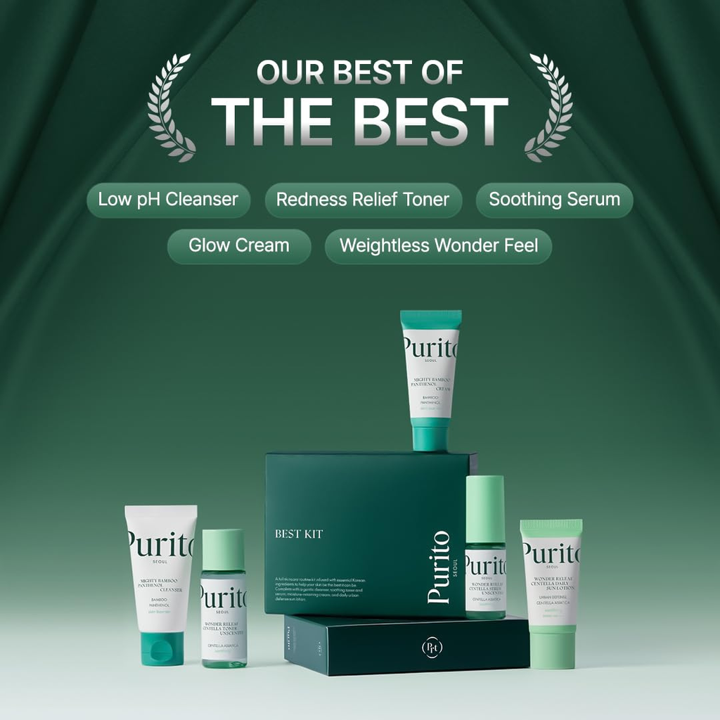PURITO SEOUL Best Kit - Skincare Routine with Panthenol Cleanser & Cream, Unscented Centella Serum & Toner, For All Skin Types, Gift Set, For Face, Facial Serum, K-Beauty, Purito Seoul