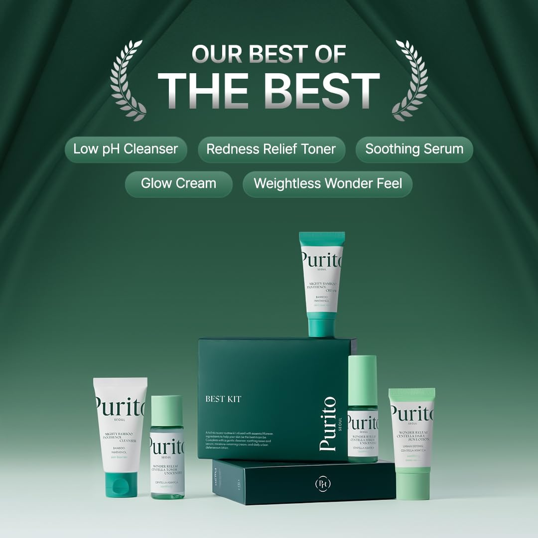 PURITO SEOUL Best Kit - Skincare Routine with Panthenol Cleanser & Cream, Unscented Centella Serum & Toner, For All Skin Types, Gift Set, For Face, Facial Serum, K-Beauty, Purito Seoul