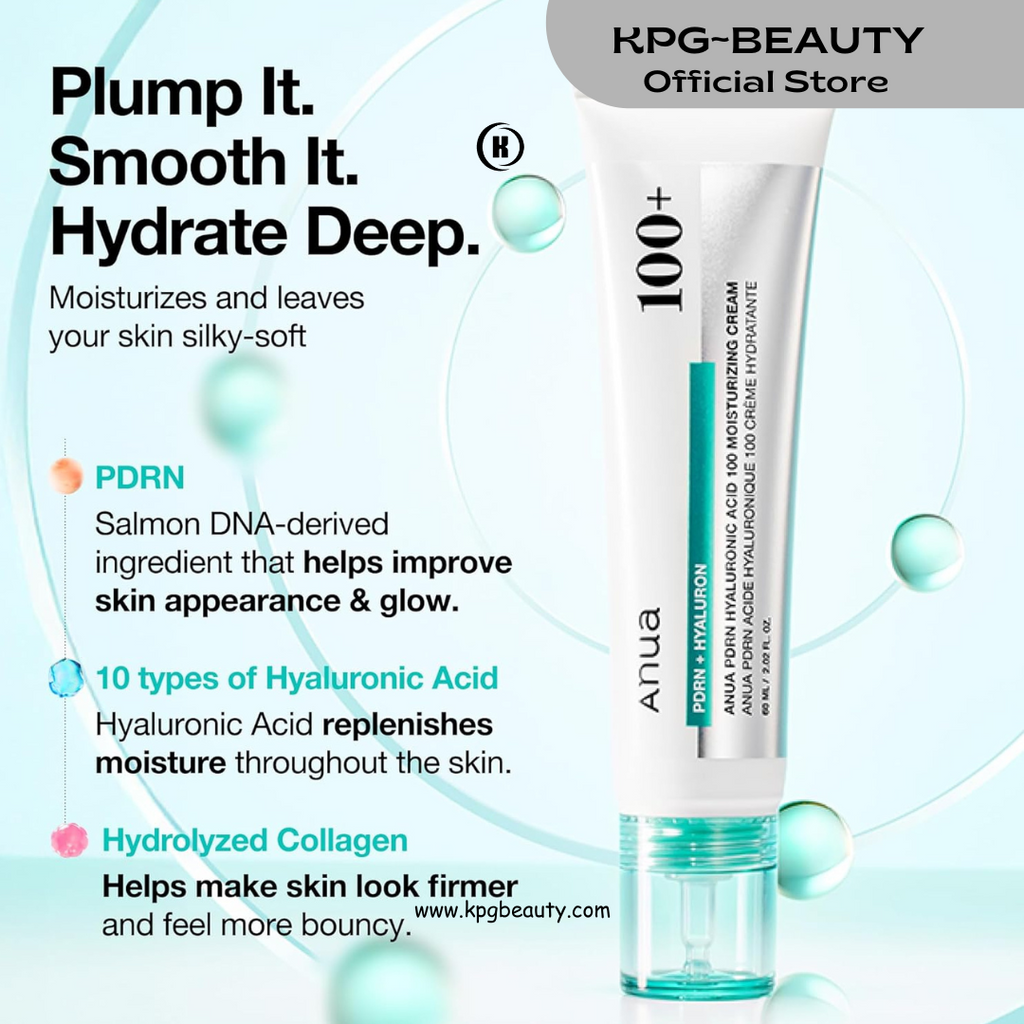 ANUA PDRN Hyaluronic Acid 100 Moisturizing Cream, Lightweight Hydrating Moisturizer with Salmon PDRN, Hyaluronic acid, Collagen for Glass Skin, Korean Skin Care 60ml