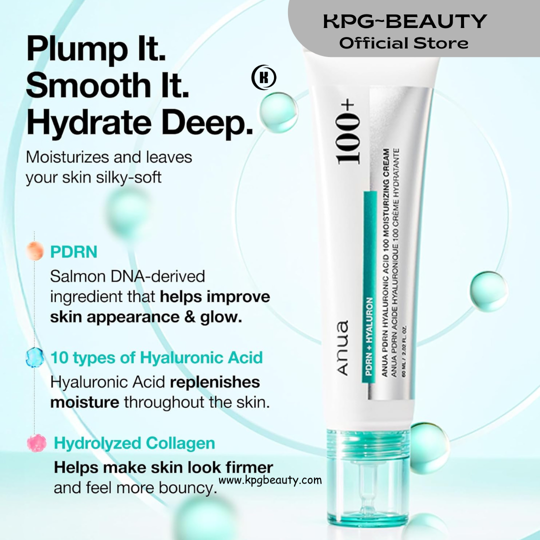 ANUA PDRN Hyaluronic Acid 100 Moisturizing Cream, Lightweight Hydrating Moisturizer with Salmon PDRN, Hyaluronic acid, Collagen for Glass Skin, Korean Skin Care 60ml