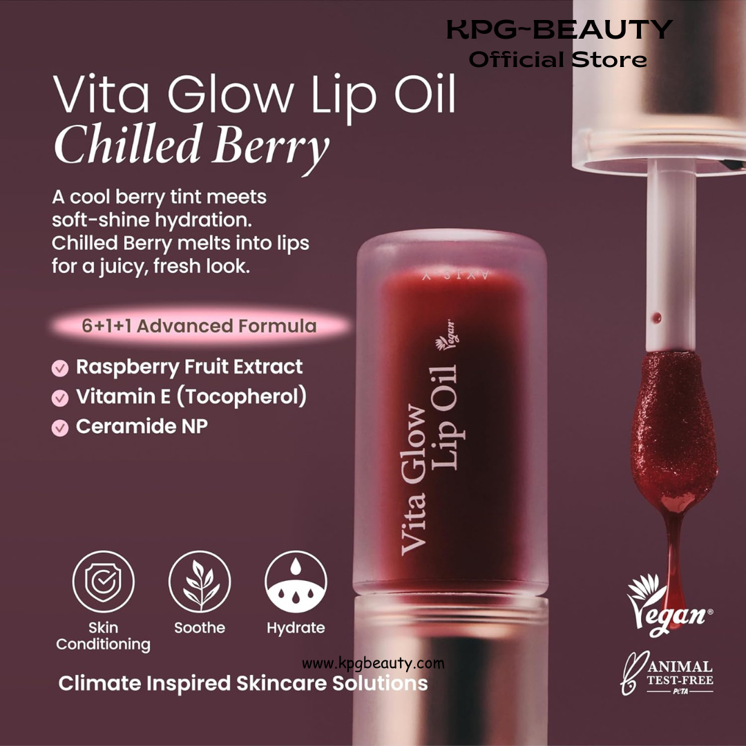 AXIS-Y Vita Glow Lip Oil - Nourishing Tinted Lip Gloss with Vitamin E & Ceramide - Long-Lasting Non-Sticky Formula for Dry Lips - Vegan K-Beauty Lip Treatment - 0.13 fl. oz. (Chilled Berry) AXIS-Y