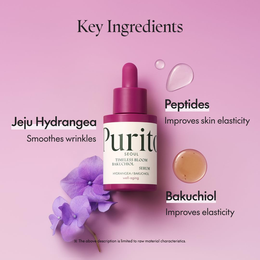 PURITO SEOUL Timeless Bloom Bakuchiol Serum, Korean Jeju Hydrangea, for Sensitive Skin, Ampoule, Fine Line Reduction, Anti Aging Facial Serum for face, K-Beauty, 30ml 1fl.oz Purito Seoul