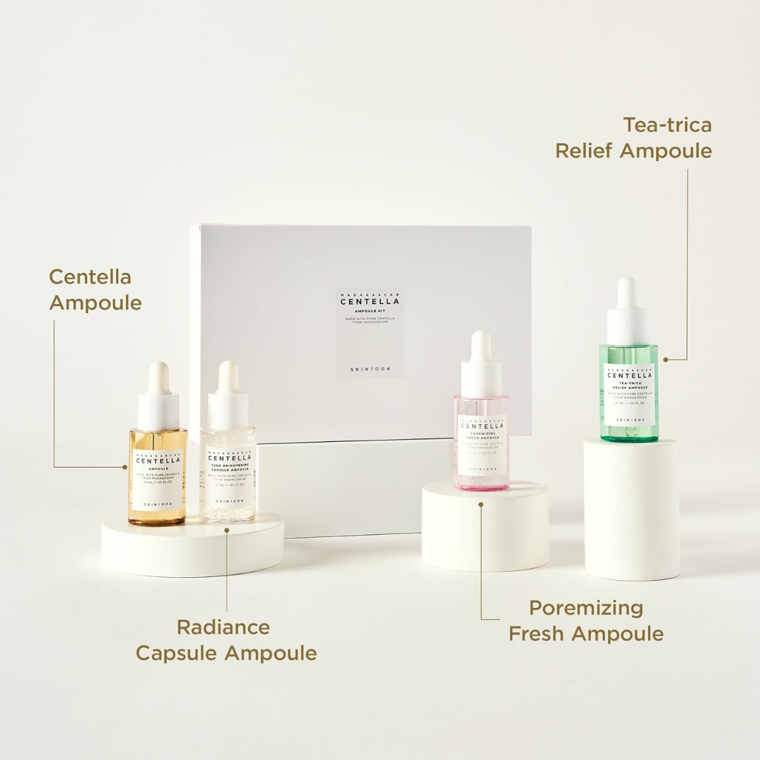 SKIN1004 Madagascar Centella Ampoule Kit, 4ea x 1.10 fl.oz, 30ml, Travel Size Face Serum Collection, Korean Skincare Set with Centella Ampoule and Hydrating Serum for Soothing Care, Korean Skin Care SKIN1004