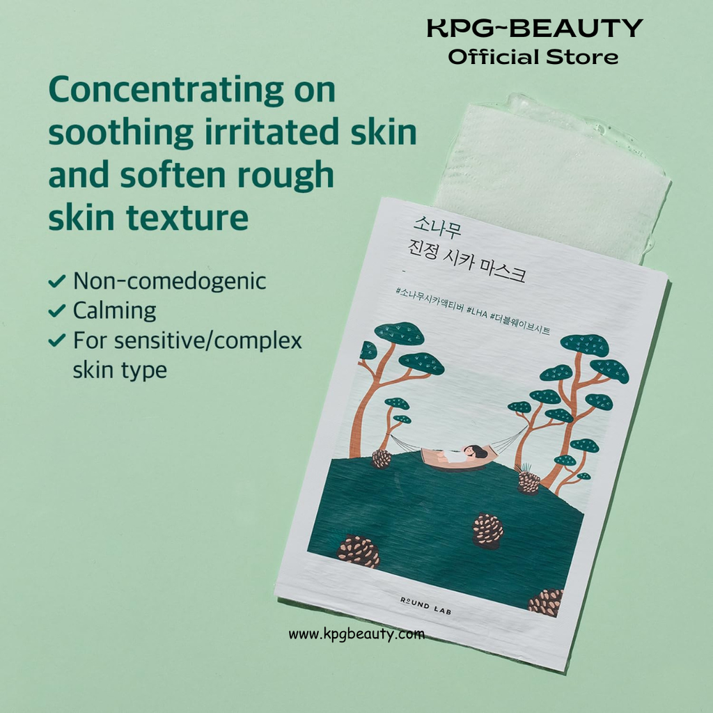 ROUND LAB Pine Calming Cica Sheet Mask 10pieces, Cooling and Soothing Mask for Heated, Acne-Prone Skin, Double-Waved Air Hole Design for Extra Hydration with Pine Cica and Hyaluronic Acid, Korean Skincare Round Lab