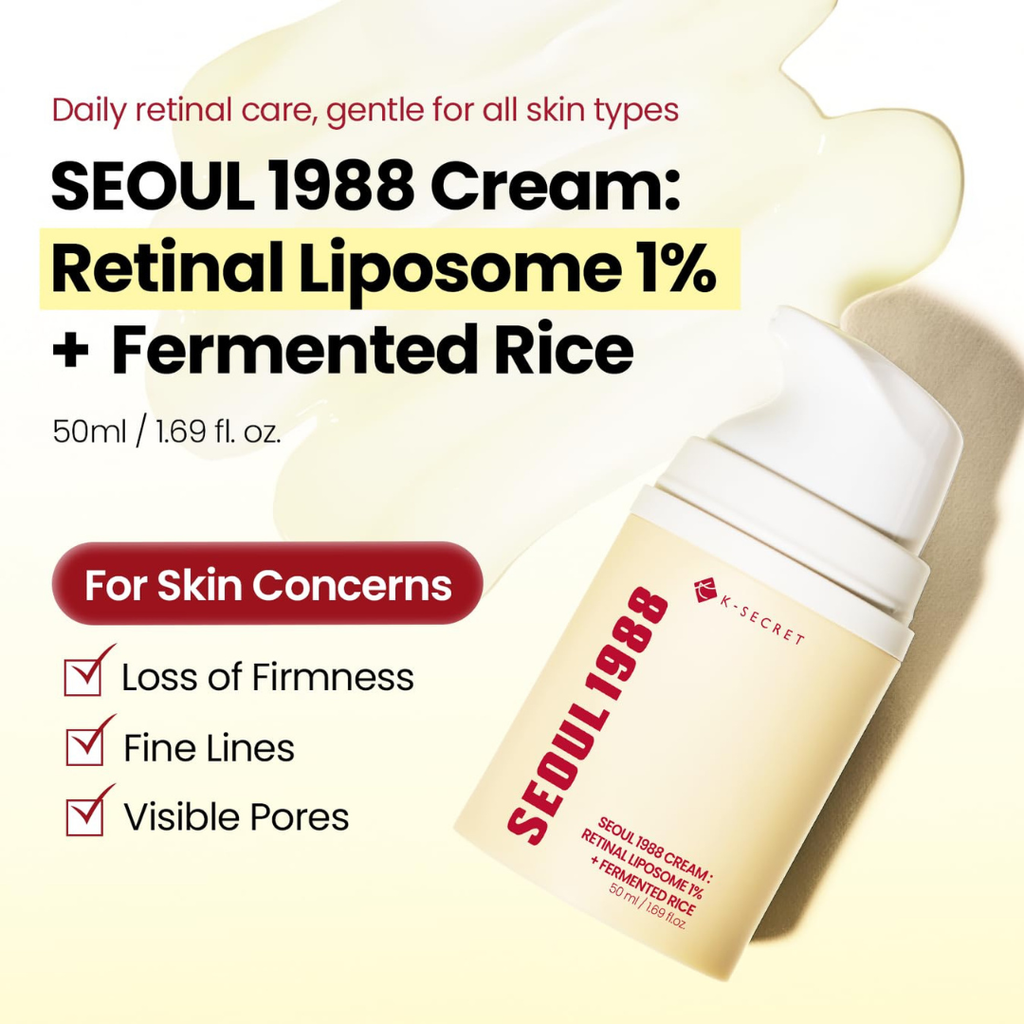 K-SECRET SEOUL 1988 Retinal Cream – Formulated with Advanced Retinal Liposome 1% and Fermented Rice Extract | Daily Fine Lines and Skin Texture Care | Korean Skincare, 50ml KSecret