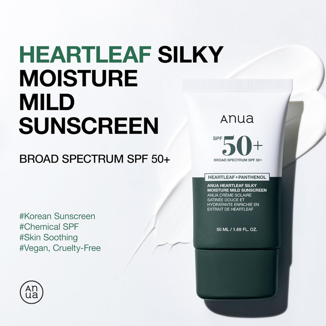 Anua Heartleaf Silky Moisture Mild Sunscreen, Broad Spectrum SPF 50+ with Moisturizing Formula, Lightweight Korean Sunscreen, Natural finish, Vegan, korean skin care 50ml Anua