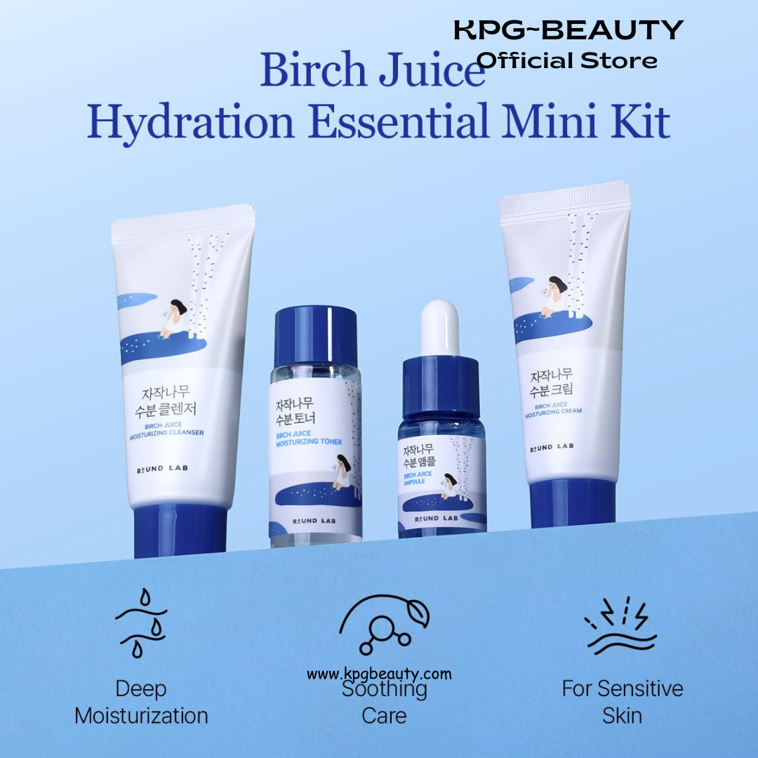 ROUND LAB Birch Juice Moisturizing Mini Kit, 4-Step Travel Size Skincare Set for acne prone and oily skin(Cleanser, Toner, Serum, Cream), Daily Skin Care Routine Trial Kit for Acne-Prone and Sensitive Skin, Korean Skin Care Round Lab
