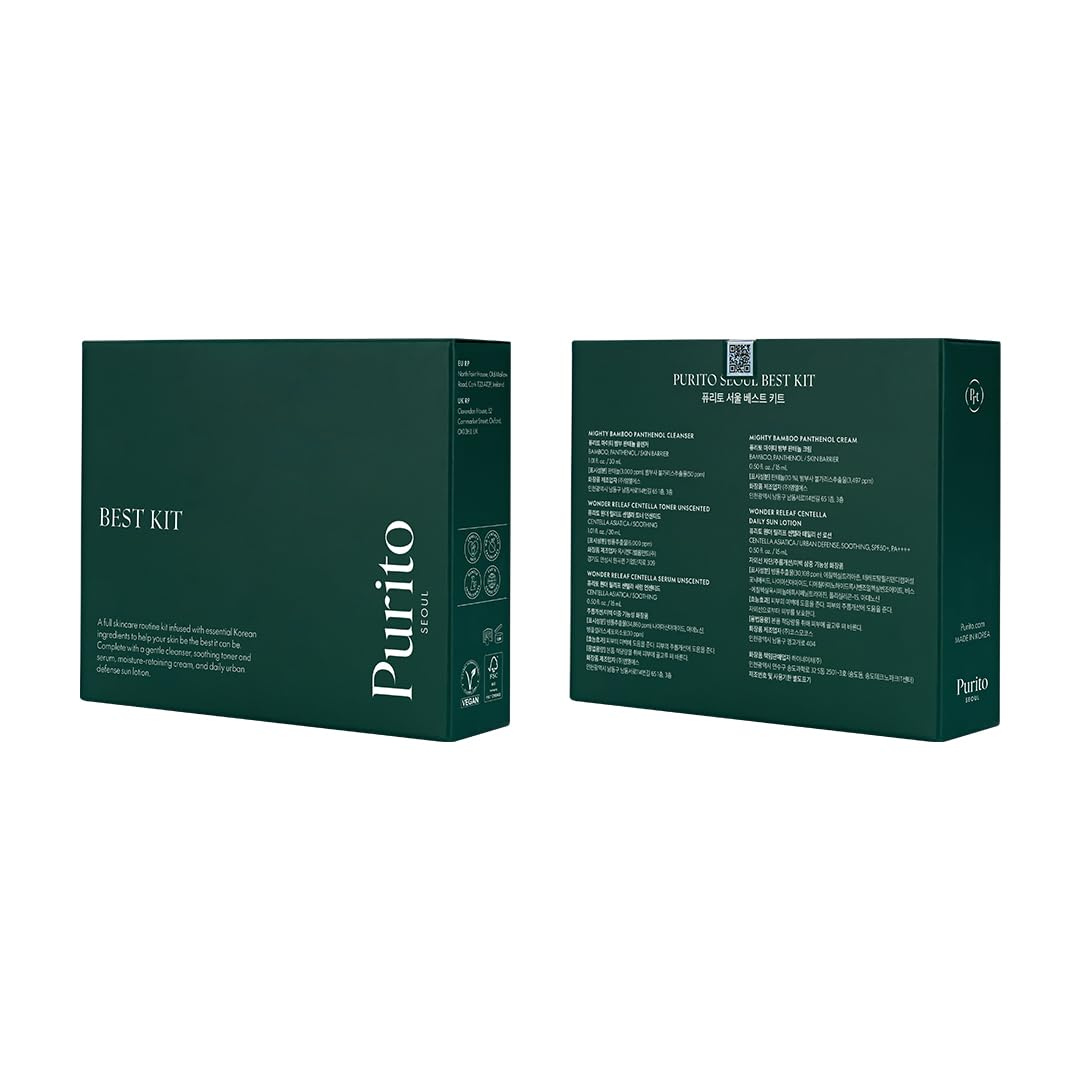 PURITO SEOUL Best Kit - Skincare Routine with Panthenol Cleanser & Cream, Unscented Centella Serum & Toner, For All Skin Types, Gift Set, For Face, Facial Serum, K-Beauty, Purito Seoul