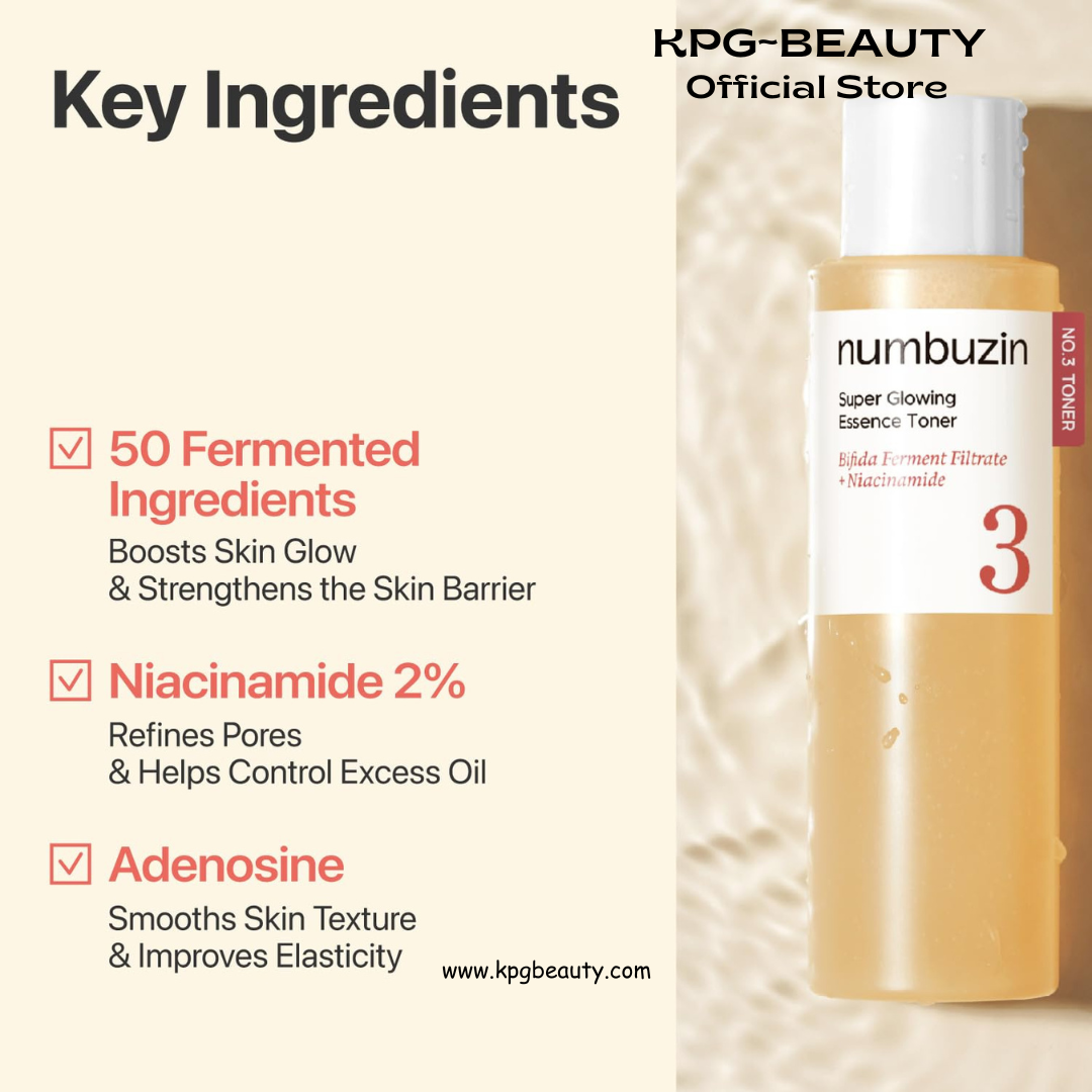 numbuzin No.3 Super Glowing Essence Toner, Fermented Toner for Skin Glow & Texture, Bifida, Niacinamide, Hydrating, Radiance-Boosting Essence, Pore Reset, 6.76 fl oz (200ml) KPGBEAUTY