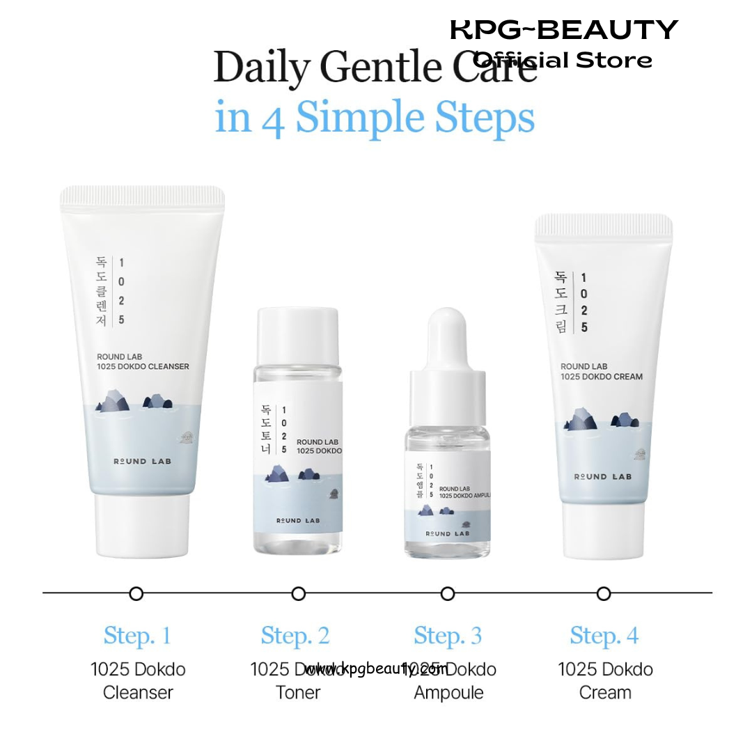 ROUND LAB 1025 Dokdo Hydrating Mini Size Kit (Cleanser, Toner, Ampule, Cream), Deep Hydration for Dry Skin, Daily Skin Care Routine Trial Kit for Moisture Care, Travel Size Gift Set, Korean Skin Care Round Lab