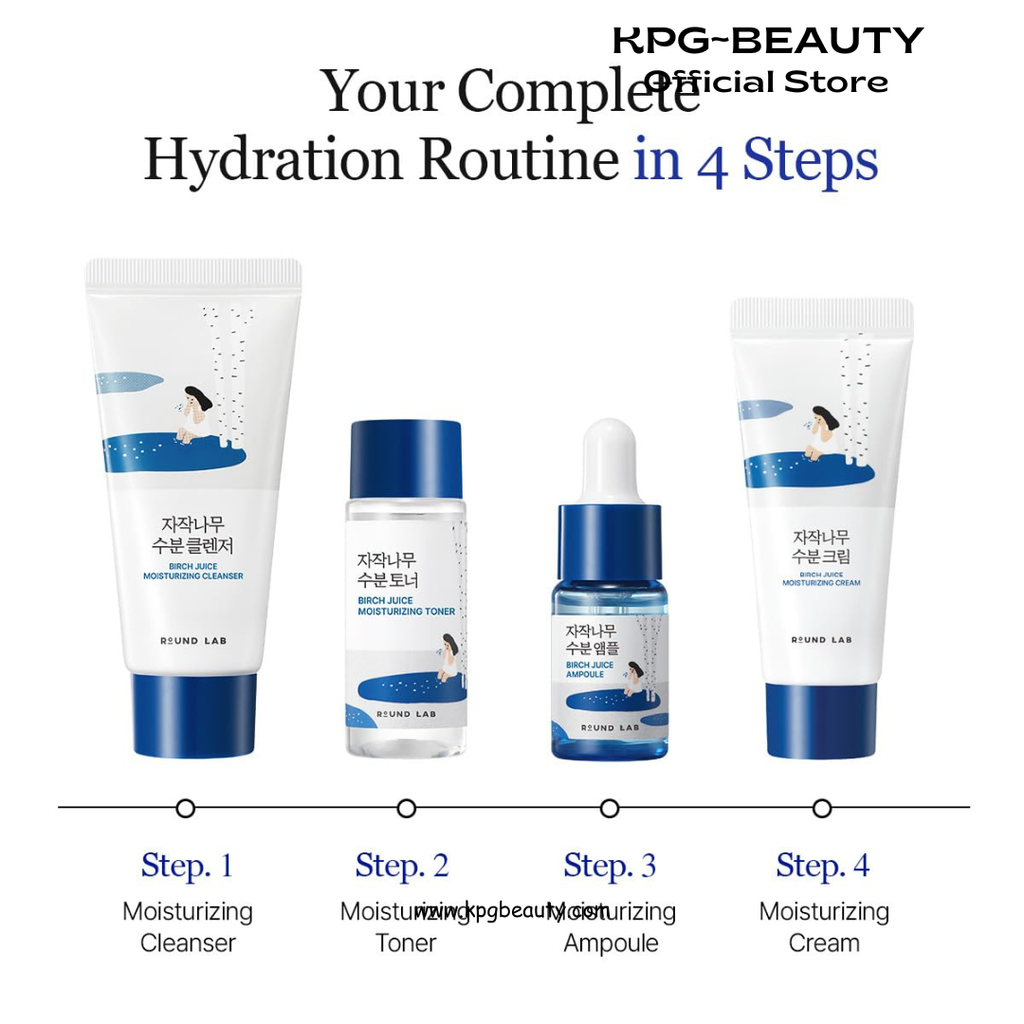 ROUND LAB Birch Juice Moisturizing Mini Kit, 4-Step Travel Size Skincare Set for acne prone and oily skin(Cleanser, Toner, Serum, Cream), Daily Skin Care Routine Trial Kit for Acne-Prone and Sensitive Skin, Korean Skin Care Round Lab