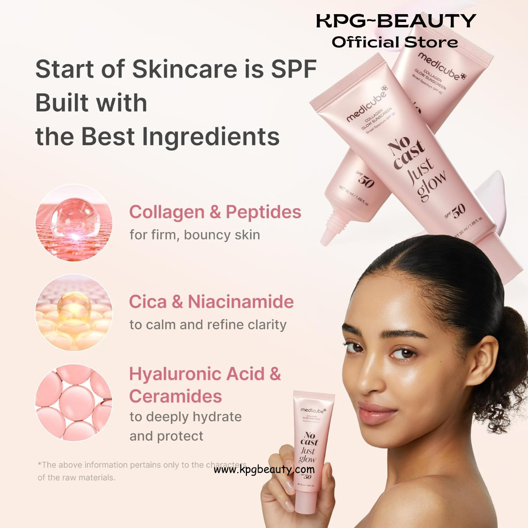 medicube No Cast Just Glow Collagen Sunscreen | SPF 50 Broad Spectrum Face Sunscreen | Lightweight, Non-Sticky, Hydrating Formula | Peptide, Cica for Soothing & Glow | Korean Skincare Medicube