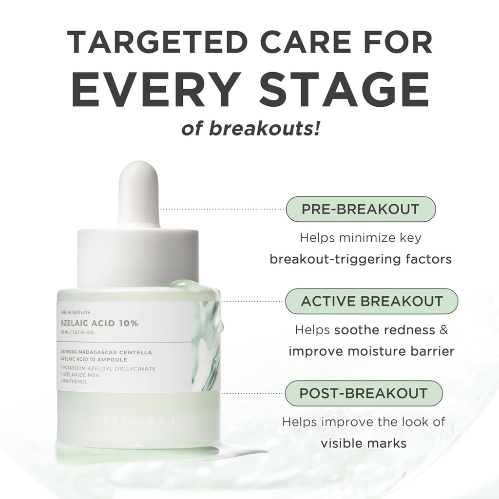 SKIN1004 Azelaic Acid 10% Ampoule, Hydrating Face Serum for Blemish-Prone & Oily Skin, Redness Soothing Serum for face, Visible Marks & Breakout Care with Centella, Korean Skin Care, 1.01 fl.oz / 30ml SKIN1004