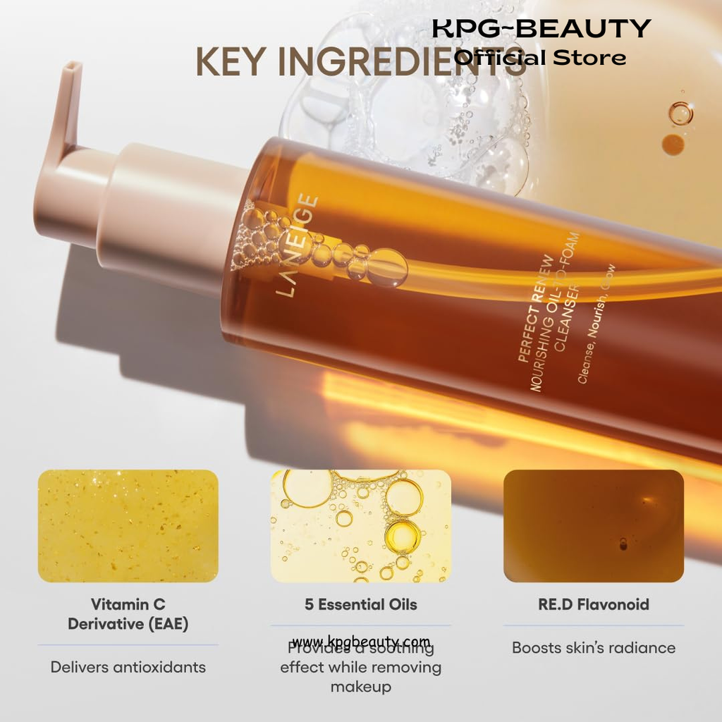 LANEIGE Perfect Renew Nourishing Oil-to-Foam Cleanser 200ml: 2-in-1 Anti-Aging Face Wash for a Radiant Glow to Remove Makeup, Sunscreen, & Impurities LANEIGE