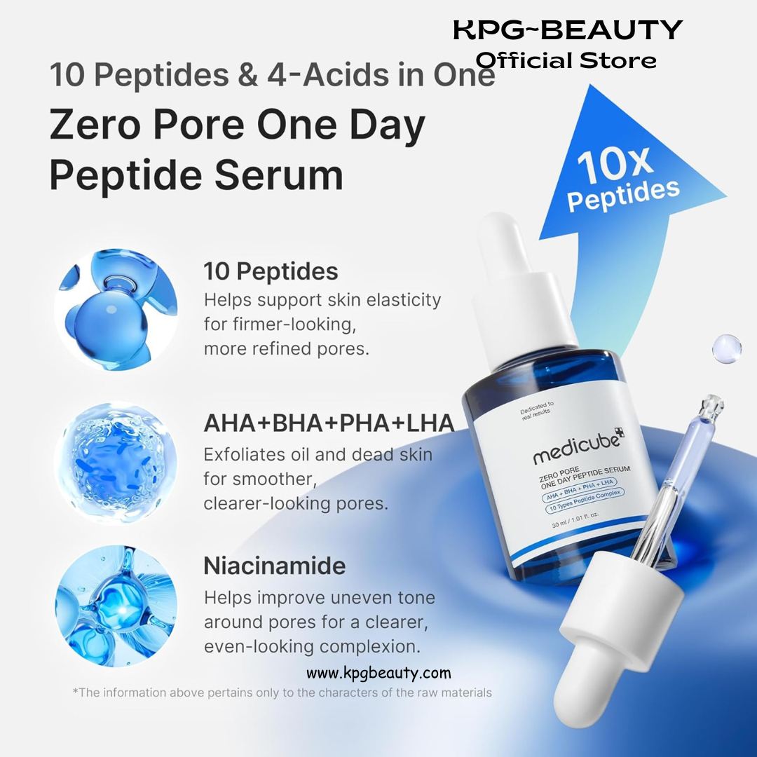 medicube Zero Pore One Day 10 Peptide Serum | Pore Refining & Oil Balancing Serum | AHA, BHA, PHA, LHA + Copper Peptide, GHK-Cu | Daily Pore-Focused Care for Firmness | Korean Skincare, 1.01 fl oz Medicube