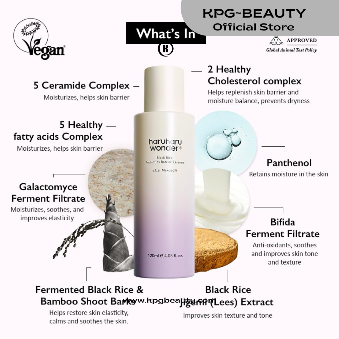 haruharu Wonder Black Rice Probiotics Barrier Essence 4.05 fl. oz., Essence Toner to Strengthen Skin Barrier with Ceramides, Fermented Ingredients, Milky Essence, Moisturizing, Plumping