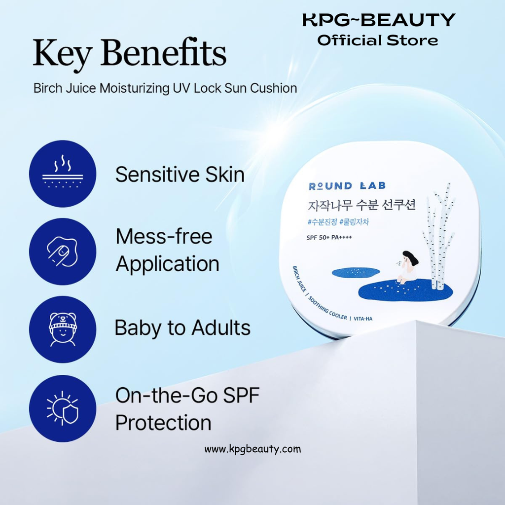 Round Lab Birch Juice Moisturizing UV Lock Sun Cushion, SPF50+ Broad Spectrum, 0.52 oz, Mineral Sunscreen for All Family Members, Over Makeup Poratable Sun cushion, No White cast, Korean Sunscreen Round Lab