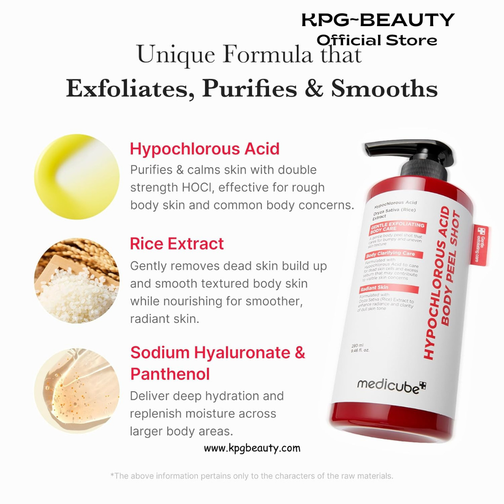 medicube Body Peel Shot with Hypochlorous Acid | Gentle Body Exfoliating Serum for Dead Skin Cells, Rough Patches & Uneven Texture | Rice Extract, Panthenol for Hydrating & Smoothing Care | 9.46 fl.oz Medicube
