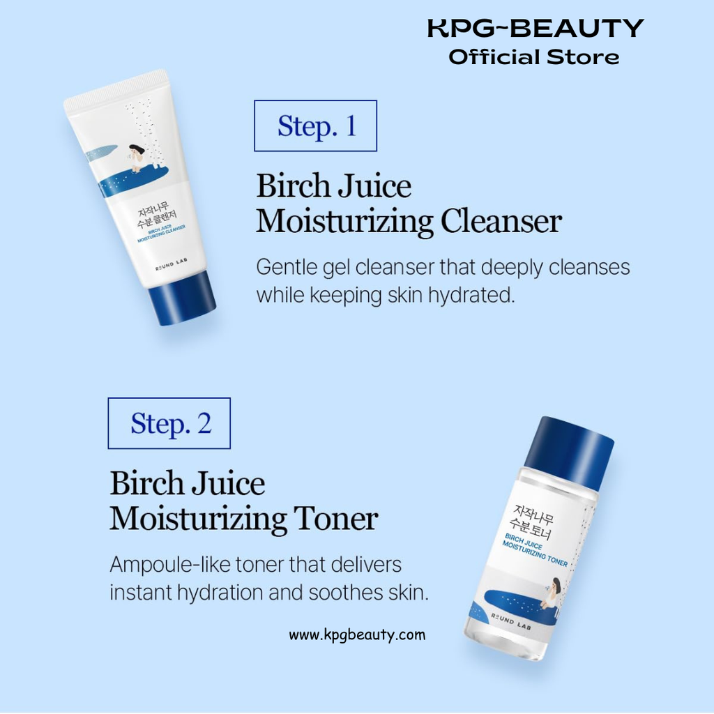 ROUND LAB Birch Juice Moisturizing Mini Kit, 4-Step Travel Size Skincare Set for acne prone and oily skin(Cleanser, Toner, Serum, Cream), Daily Skin Care Routine Trial Kit for Acne-Prone and Sensitive Skin, Korean Skin Care Round Lab