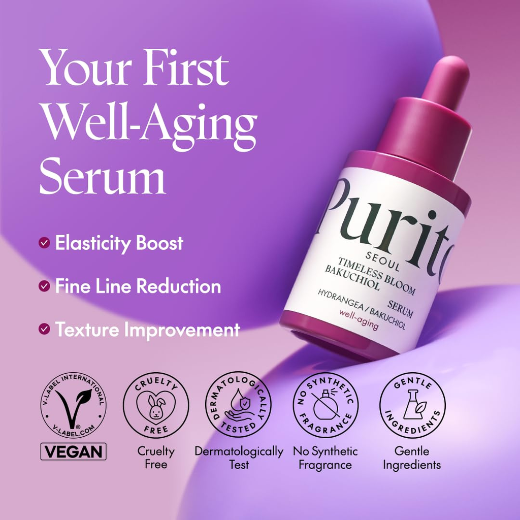 PURITO SEOUL Timeless Bloom Bakuchiol Serum, Korean Jeju Hydrangea, for Sensitive Skin, Ampoule, Fine Line Reduction, Anti Aging Facial Serum for face, K-Beauty, 30ml 1fl.oz Purito Seoul