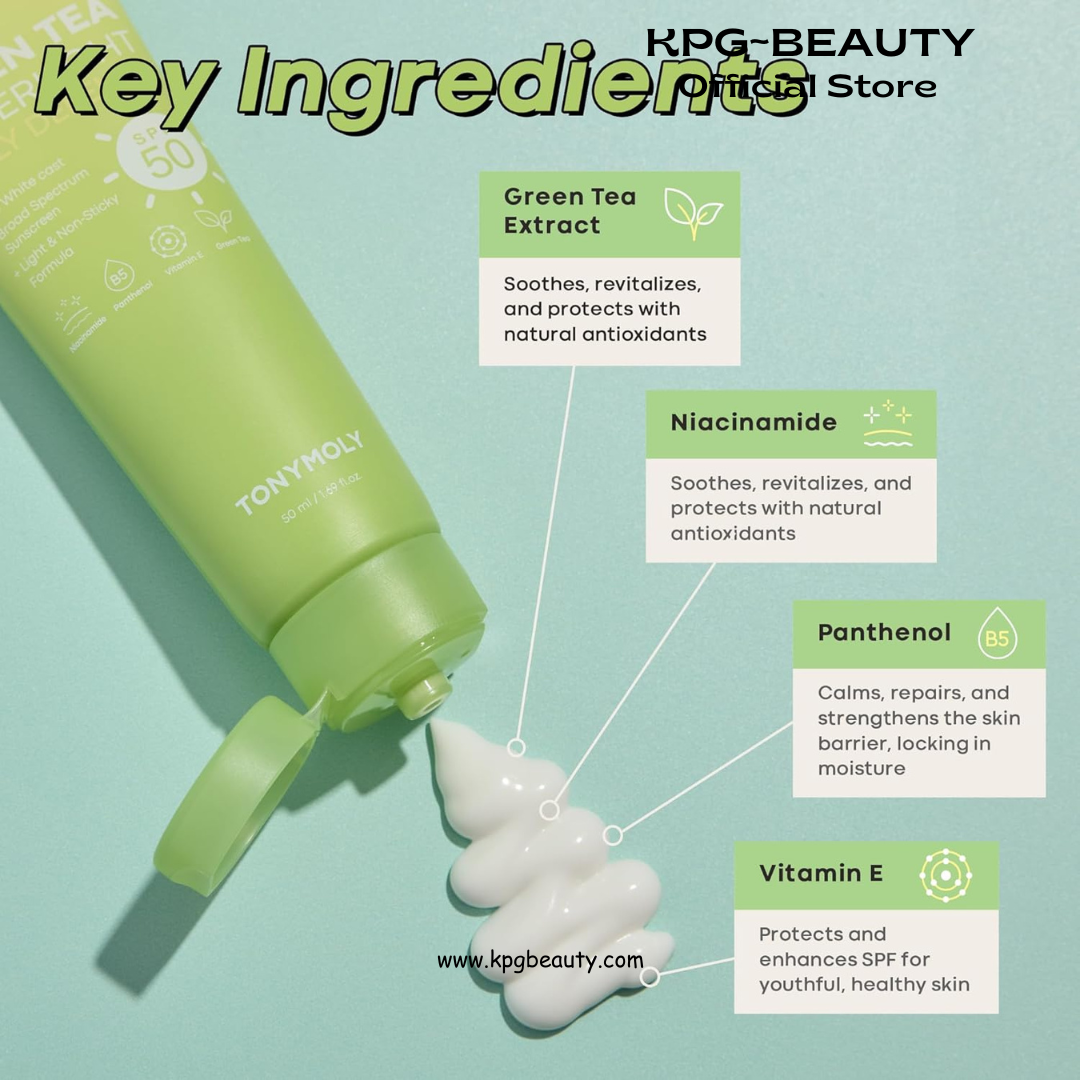 TONYMOLY Green Tea Korean Sunscreen SPF 50+ PA++++ — No White Cast, Lightweight Face Sunscreen for All Skin Tones, Hydrating with Niacinamide, Panthenol & Hyaluronic Acid, 1.69 fl oz TonyMoly