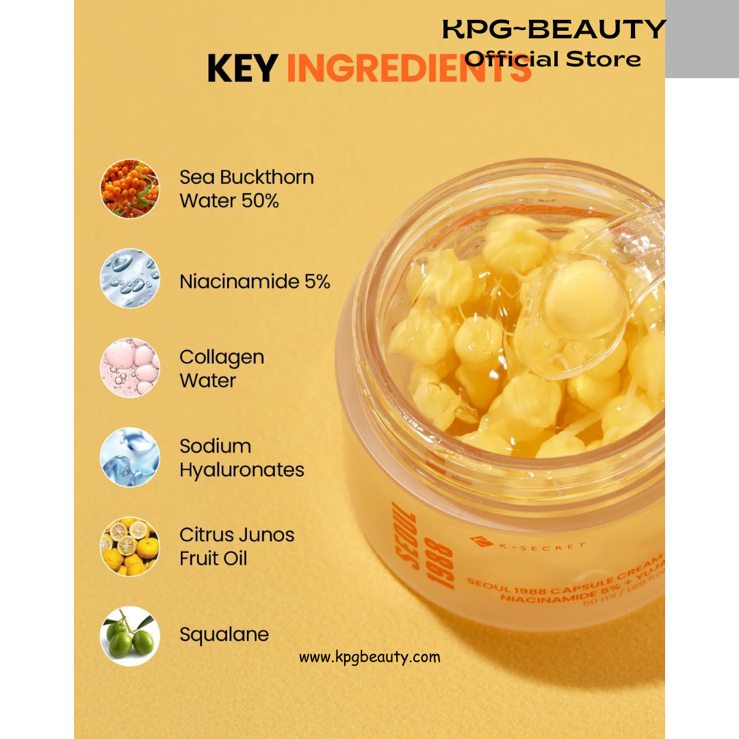 K-SECRET SEOUL 1988 Niacinamide Capsule Cream – Hydrating Face Moisturizer with 5% Niacinamide and Yuja | Vitamin C Capsule Cream for Dark Spots, Uneven Skin Tone | Korean Skincare, 50ml KSecret