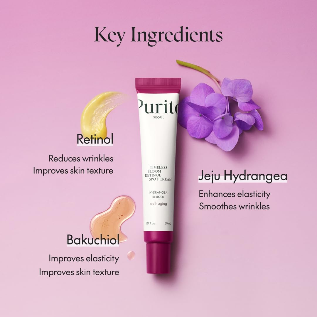 PURITO SEOUL Timeless Bloom Retinol Spot Cream, Korean Jeju Hydrangea, for Sensitive Skin, Retinol Cream, Wrinkle Reduction, Anti Aging Face Cream, K-Beauty, 30ml Purito Seoul