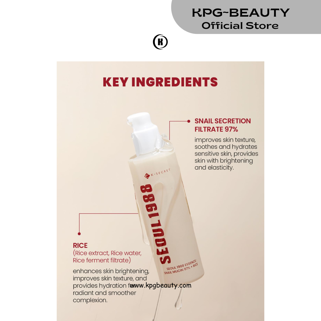 K-SECRET SEOUL 1988 Snail Mucin 97% Essence – Concentrated Yet Lightweight Formula Infused with 97% Snail Mucin | Soothing & Fast-Absorption Facial Serum | Korean Skincare, 100ml KSecret