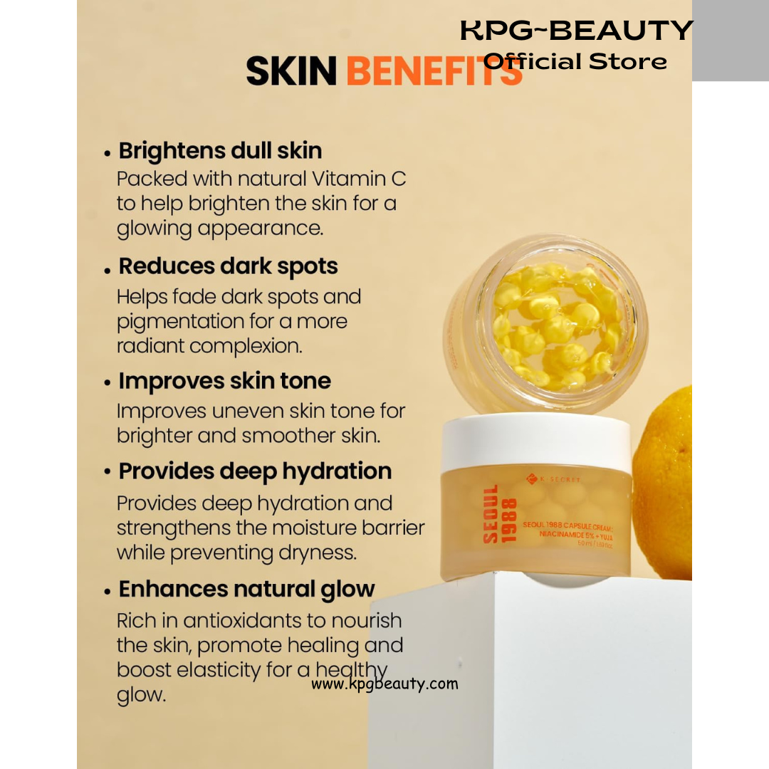 K-SECRET SEOUL 1988 Niacinamide Capsule Cream – Hydrating Face Moisturizer with 5% Niacinamide and Yuja | Vitamin C Capsule Cream for Dark Spots, Uneven Skin Tone | Korean Skincare, 50ml KSecret
