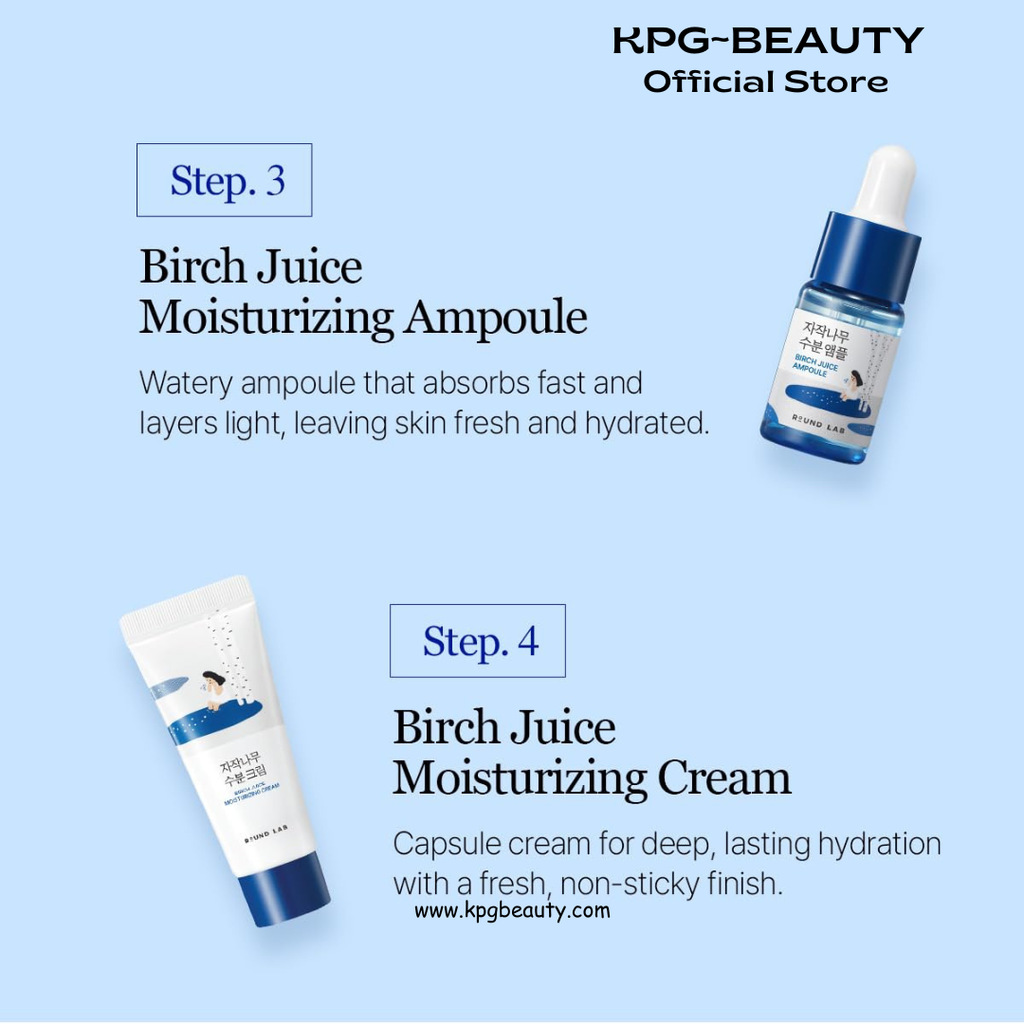 ROUND LAB Birch Juice Moisturizing Mini Kit, 4-Step Travel Size Skincare Set for acne prone and oily skin(Cleanser, Toner, Serum, Cream), Daily Skin Care Routine Trial Kit for Acne-Prone and Sensitive Skin, Korean Skin Care Round Lab