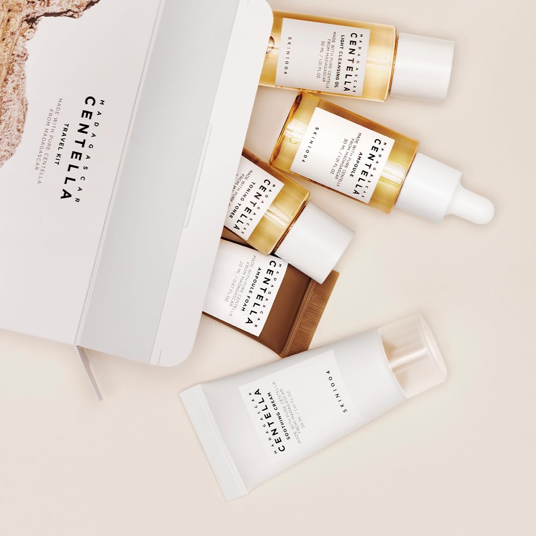 SKIN1004 Madagascar Centella Travel Kit, Toner, Ampoule, Soothing Cream, Cleansing Oil, Ampoule Foam, Basic Skincare Box, Compact Size  Trial Kit