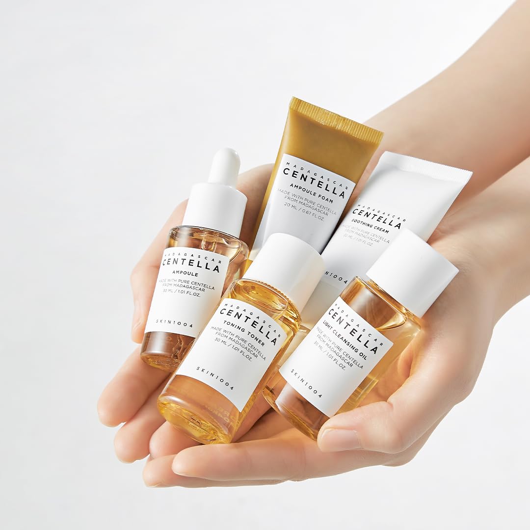 SKIN1004 Madagascar Centella Travel Kit, Toner, Ampoule, Soothing Cream, Cleansing Oil, Ampoule Foam, Basic Skincare Box, Compact Size  Trial Kit