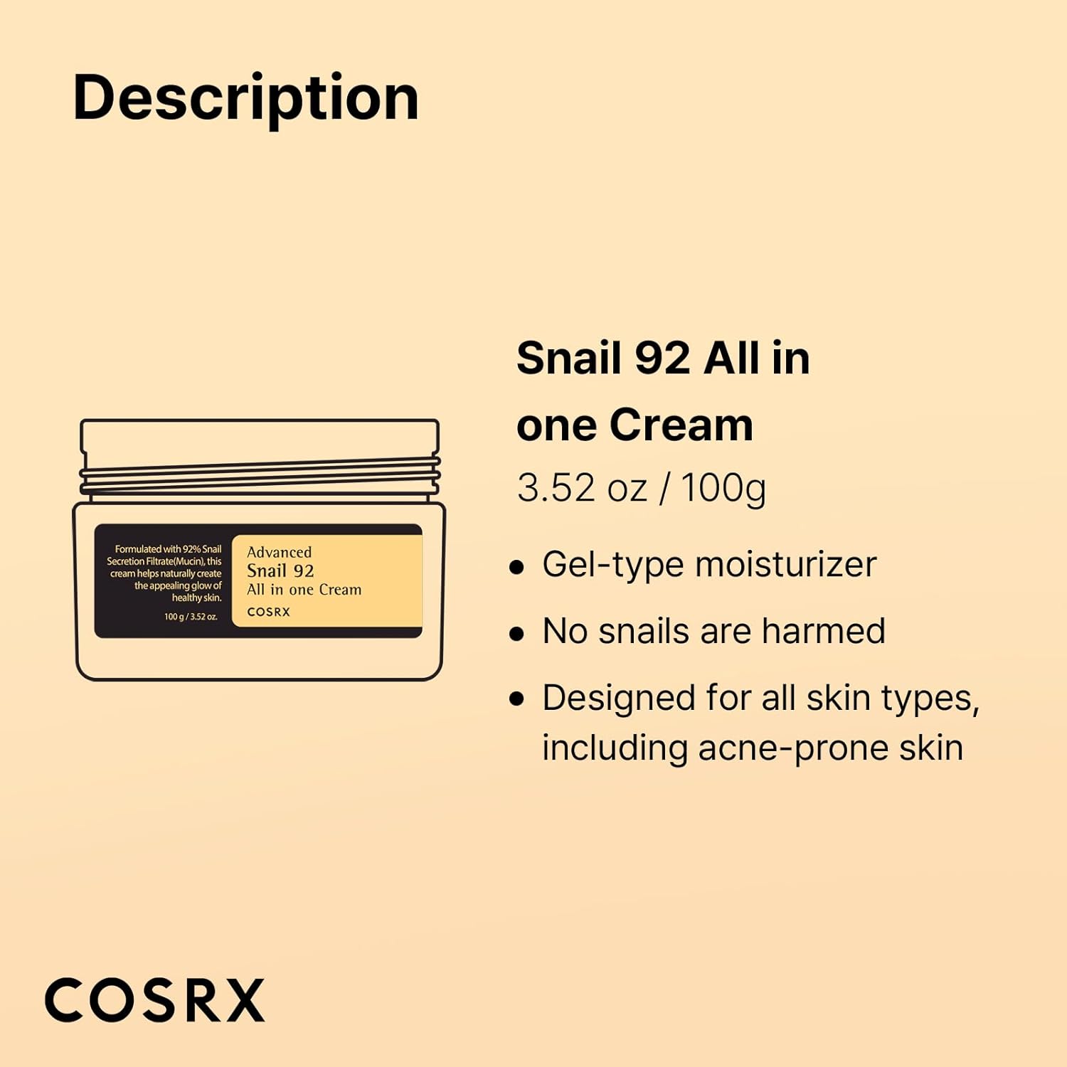 COSRX Snail Mucin 92% Face Moisturizer, 100 ml, Lightweight Moisturing Cream for Soft, Glowy Skin, Korean Skin Care, Korean Moisturizer