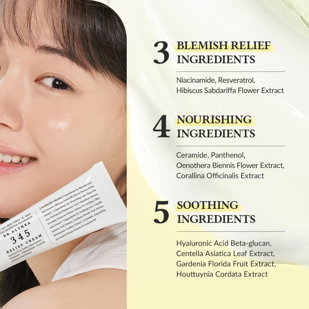 Dr.Althea 345 Relief Cream | Daily Face Moisturizer | Blemish Relief Care | Soothing Recovery & Moisture with Niacinamide, Panthenol | Korean Vegan Skin Care for All Skin Types