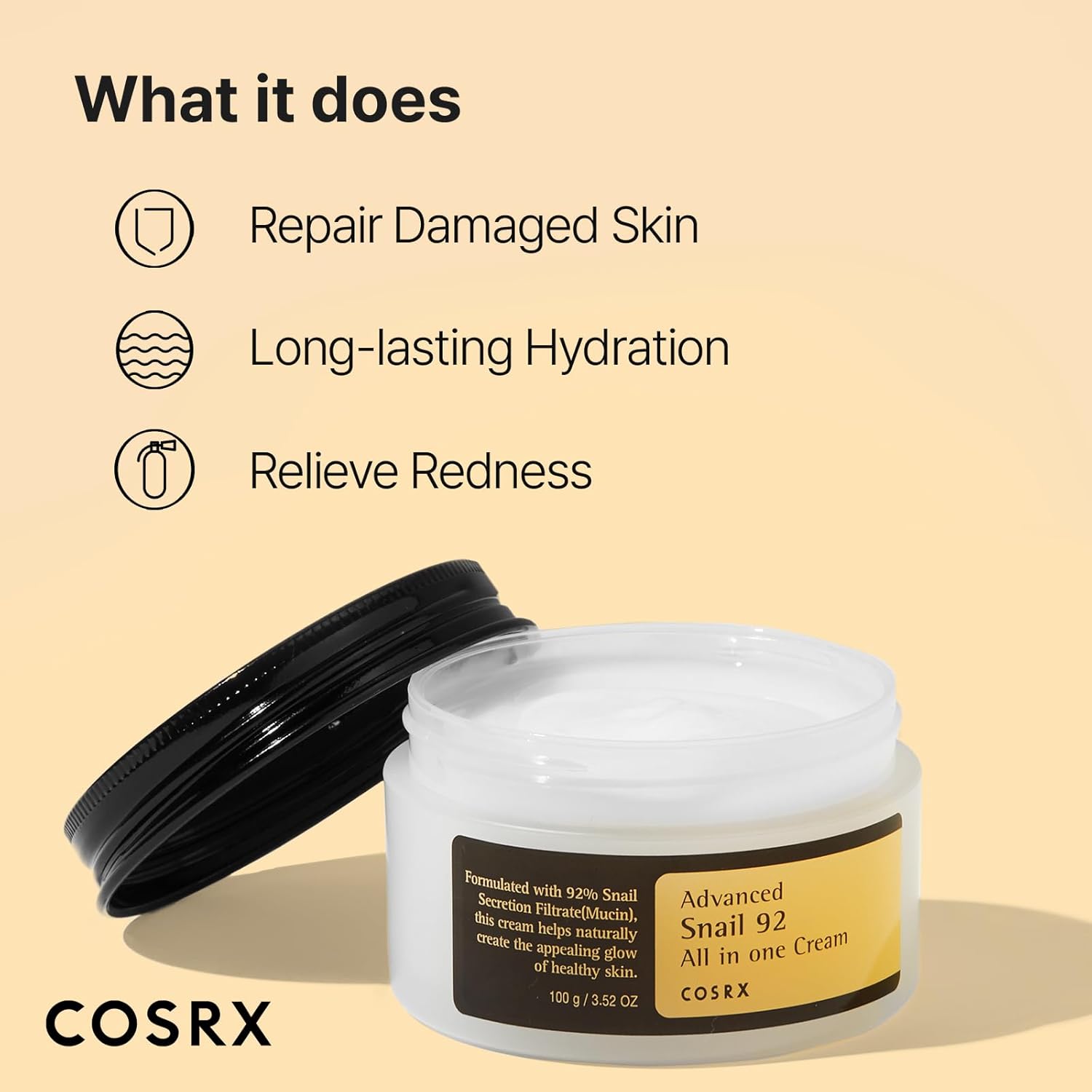 COSRX Snail Mucin 92% Face Moisturizer, 100 ml, Lightweight Moisturing Cream for Soft, Glowy Skin, Korean Skin Care, Korean Moisturizer
