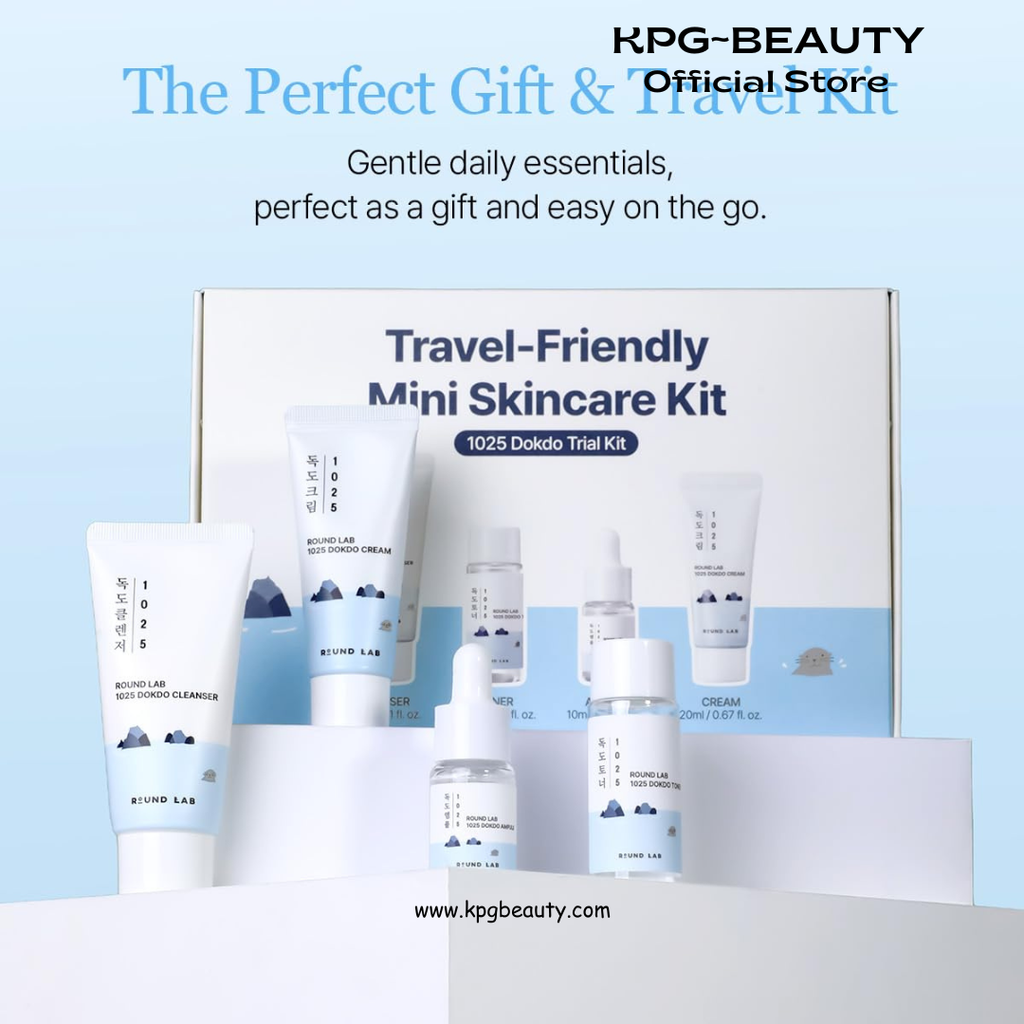 ROUND LAB 1025 Dokdo Hydrating Mini Size Kit (Cleanser, Toner, Ampule, Cream), Deep Hydration for Dry Skin, Daily Skin Care Routine Trial Kit for Moisture Care, Travel Size Gift Set, Korean Skin Care Round Lab