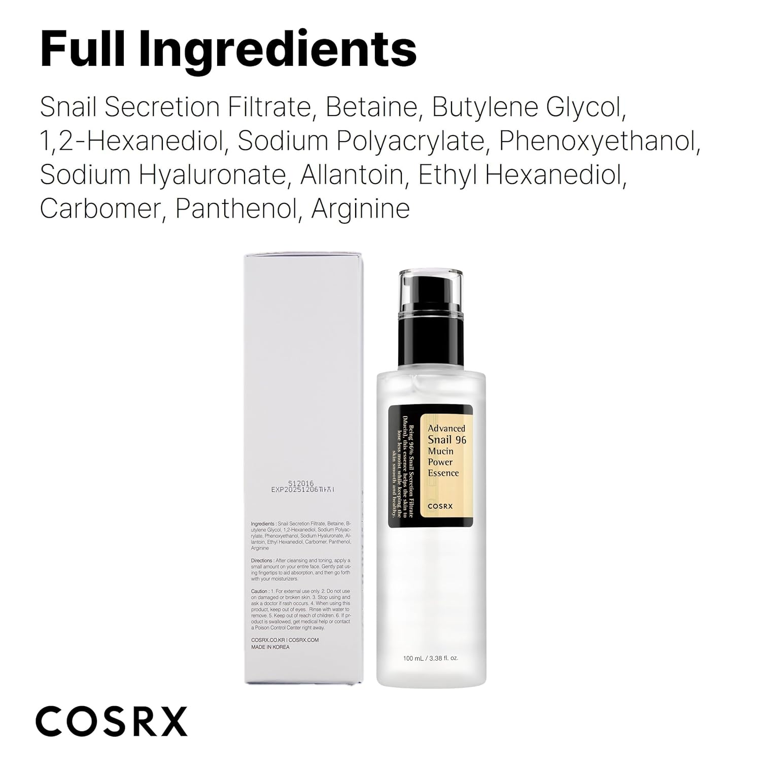 COSRX Snail Mucin 96% Power Repairing Essence 100ml, Hydrating Serum for Face with Snail Secretion Filtrate for Dull Skin & Fine Lines
