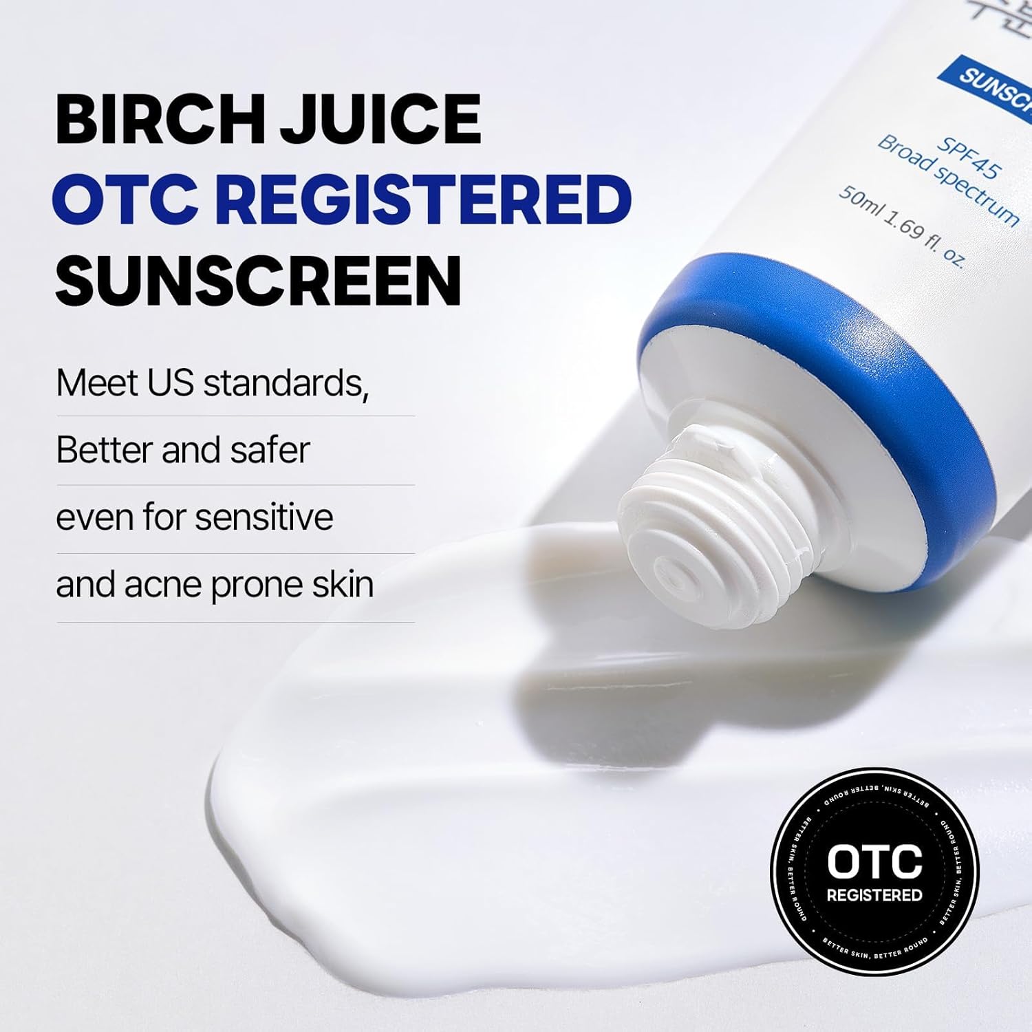 ROUND LAB Birch Juice Moisturizing UV LOCK SPF 45 Broad Spectrum UV Protection – Non-toxic, Lightweight, Oil Free, Organic, Reef Safe, Travel Essential Korean Skincare Sunscreen