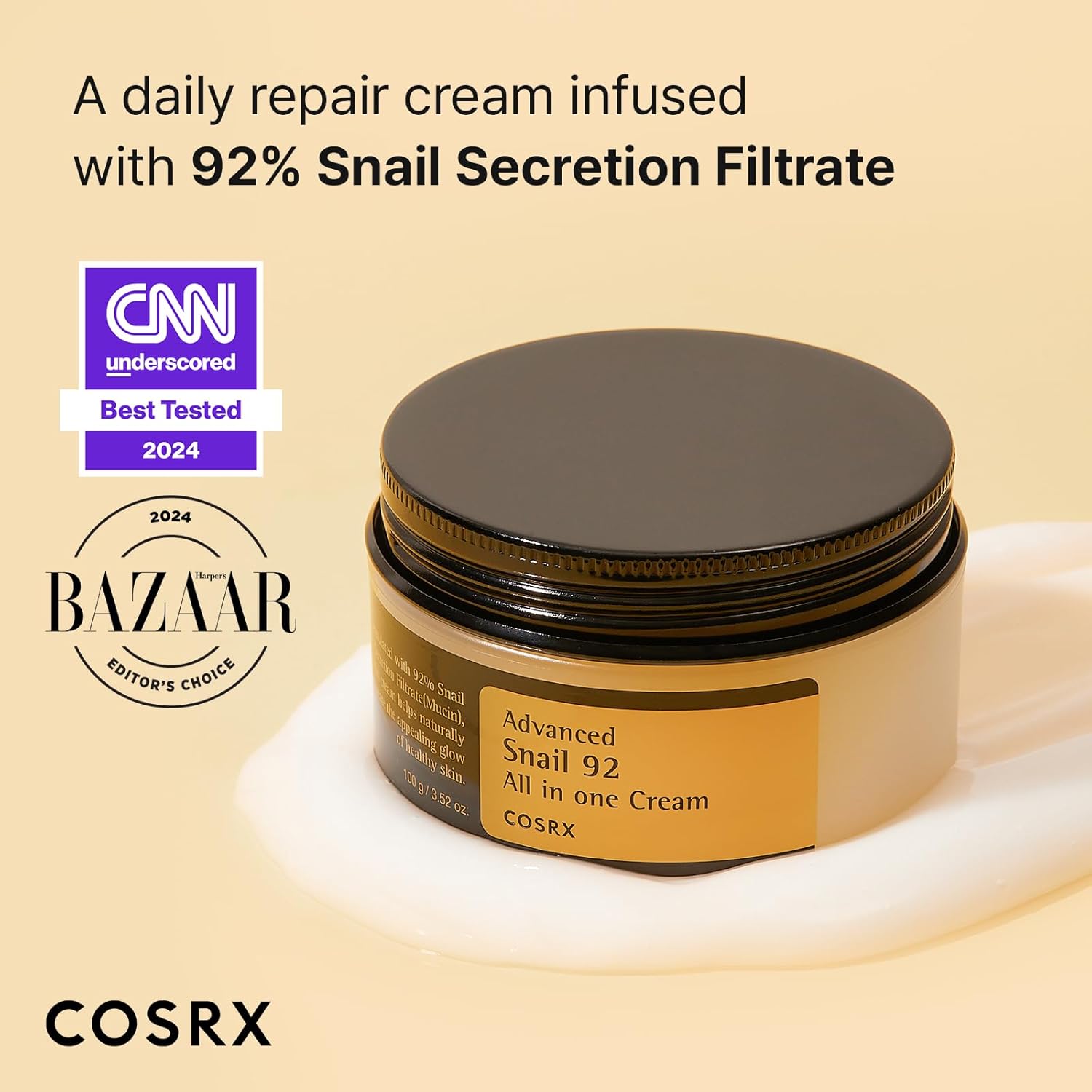 COSRX Snail Mucin 92% Face Moisturizer, 100 ml, Lightweight Moisturing Cream for Soft, Glowy Skin, Korean Skin Care, Korean Moisturizer