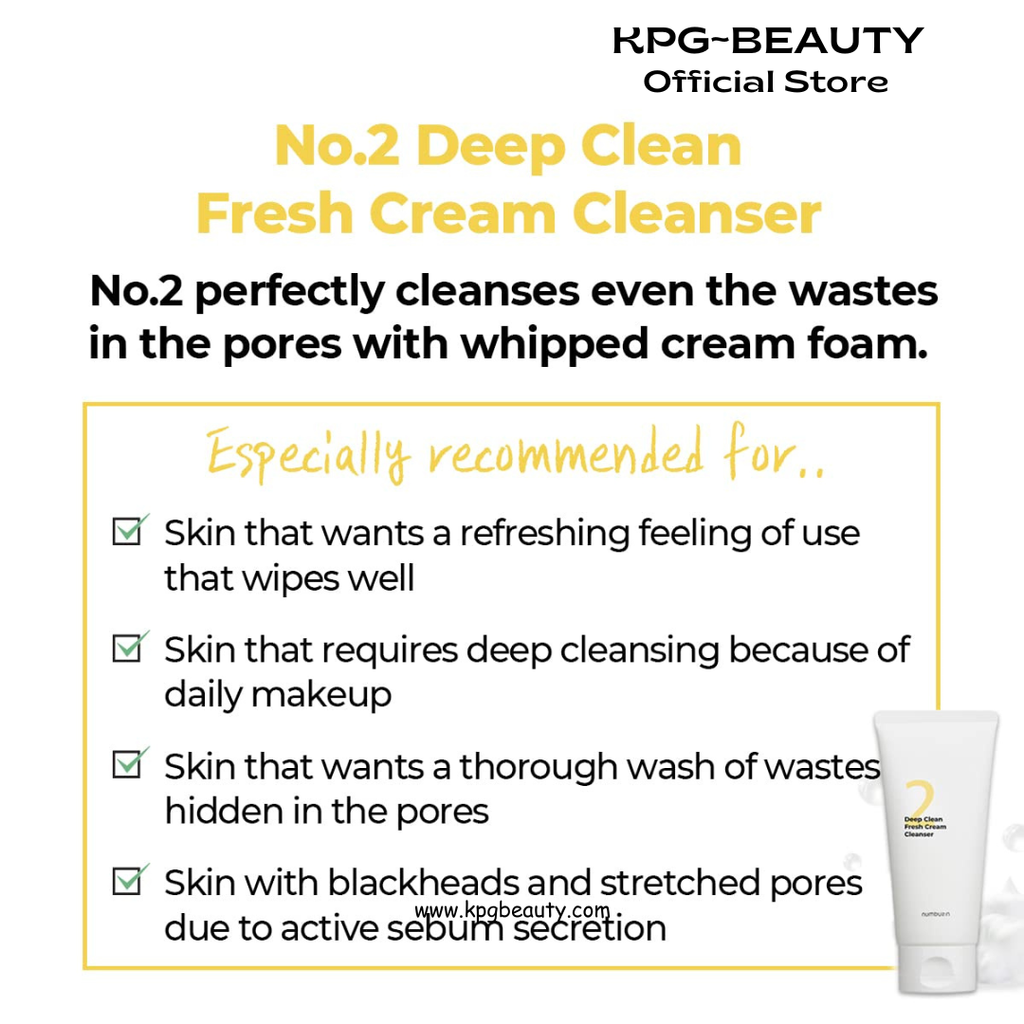 numbuzin No.2 Cleansing Foam | Deep Clean Fresh Cream Cleanser | Foam Cleanser, Gentle Exfoliation, Deep Cleansing, Natural Ingredients | Blackheads, Excess Oil, Dead Skin Cells | 120ml Numbuzin