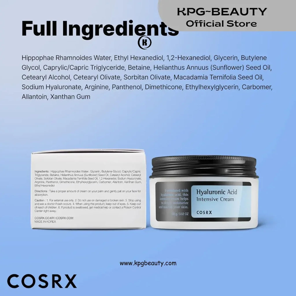 COSRX Hyaluronic Acid Moisturizing Cream, Long-lasting Hydration, Rich Moisturizer for Sensitive Skin 3.52 oz / 100g, Korean Skin Care, Animal Testing Free, Parabens Free KPG BEAUTY COSRX