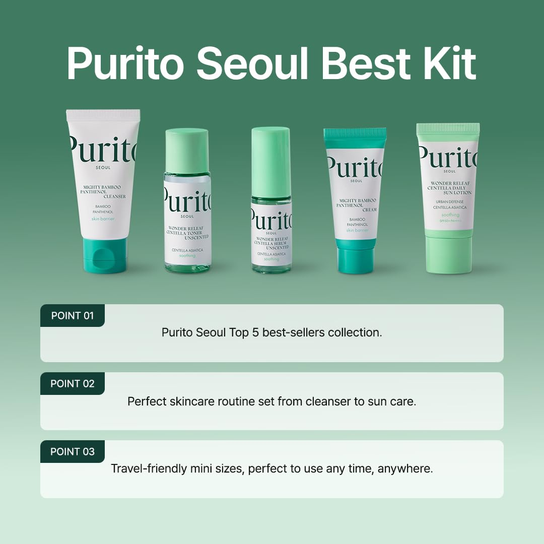PURITO SEOUL Best Kit - Skincare Routine with Panthenol Cleanser & Cream, Unscented Centella Serum & Toner, For All Skin Types, Gift Set, For Face, Facial Serum, K-Beauty, Purito Seoul