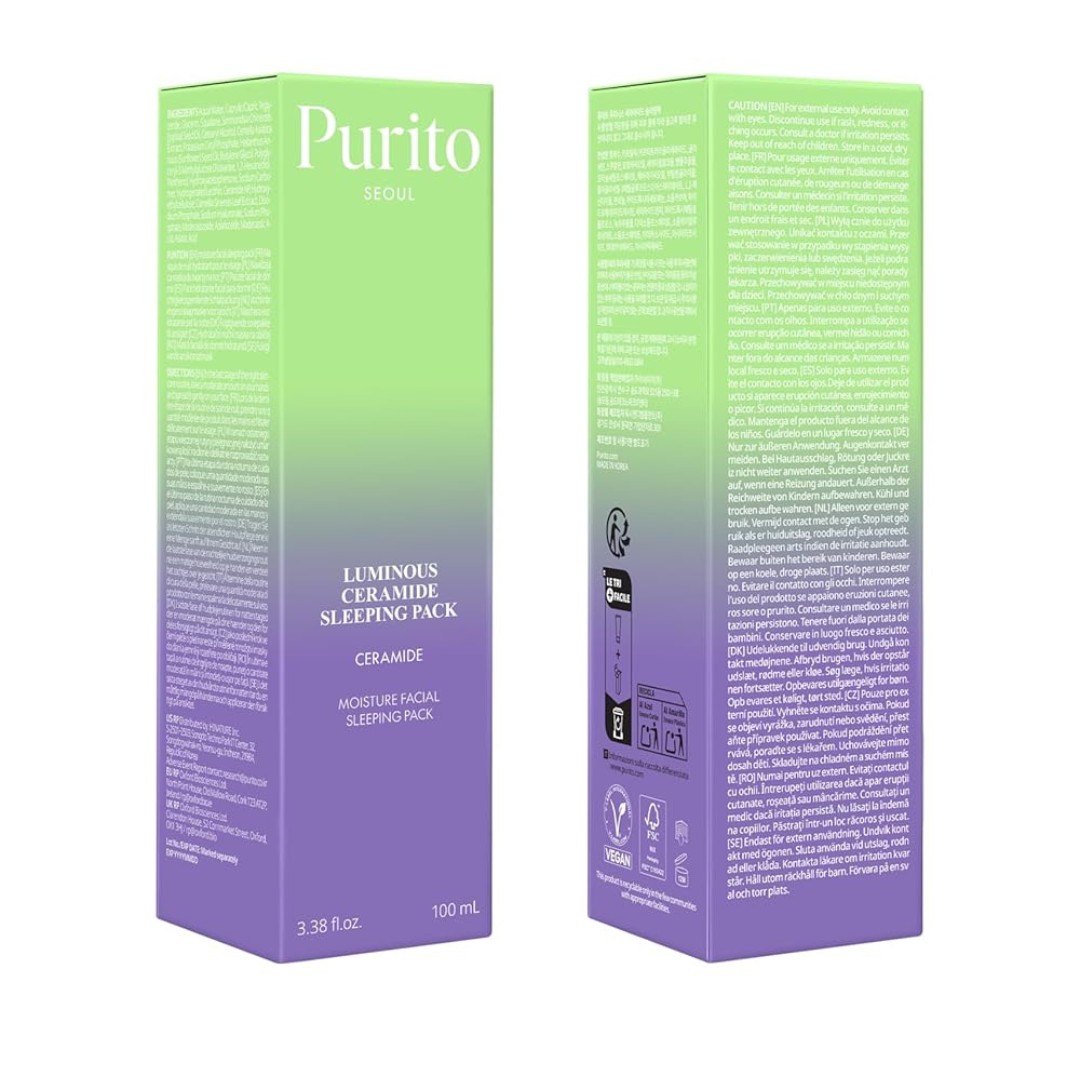 PURITO Luminous Ceramide Sleeping Pack | Overnight Recovery Cream with Five Ceramides for Dry & Sensitive Skin | Ceramide, Hydration Lock | Vegan & Cruelty-Free, Korean Skincare, 100mL Purito Seoul