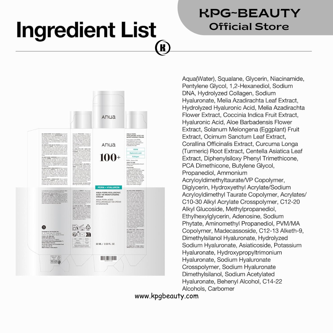 ANUA PDRN Hyaluronic Acid 100 Moisturizing Cream, Lightweight Hydrating Moisturizer with Salmon PDRN, Hyaluronic acid, Collagen for Glass Skin, Korean Skin Care 60ml