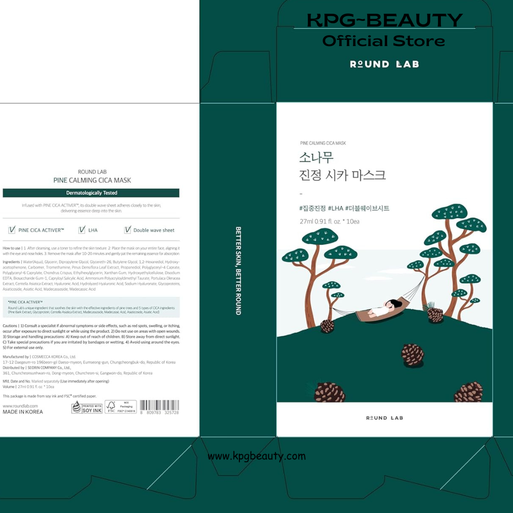 ROUND LAB Pine Calming Cica Sheet Mask 10pieces, Cooling and Soothing Mask for Heated, Acne-Prone Skin, Double-Waved Air Hole Design for Extra Hydration with Pine Cica and Hyaluronic Acid, Korean Skincare Round Lab