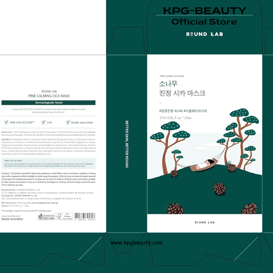 ROUND LAB Pine Calming Cica Sheet Mask 10pieces, Cooling and Soothing Mask for Heated, Acne-Prone Skin, Double-Waved Air Hole Design for Extra Hydration with Pine Cica and Hyaluronic Acid, Korean Skincare Round Lab