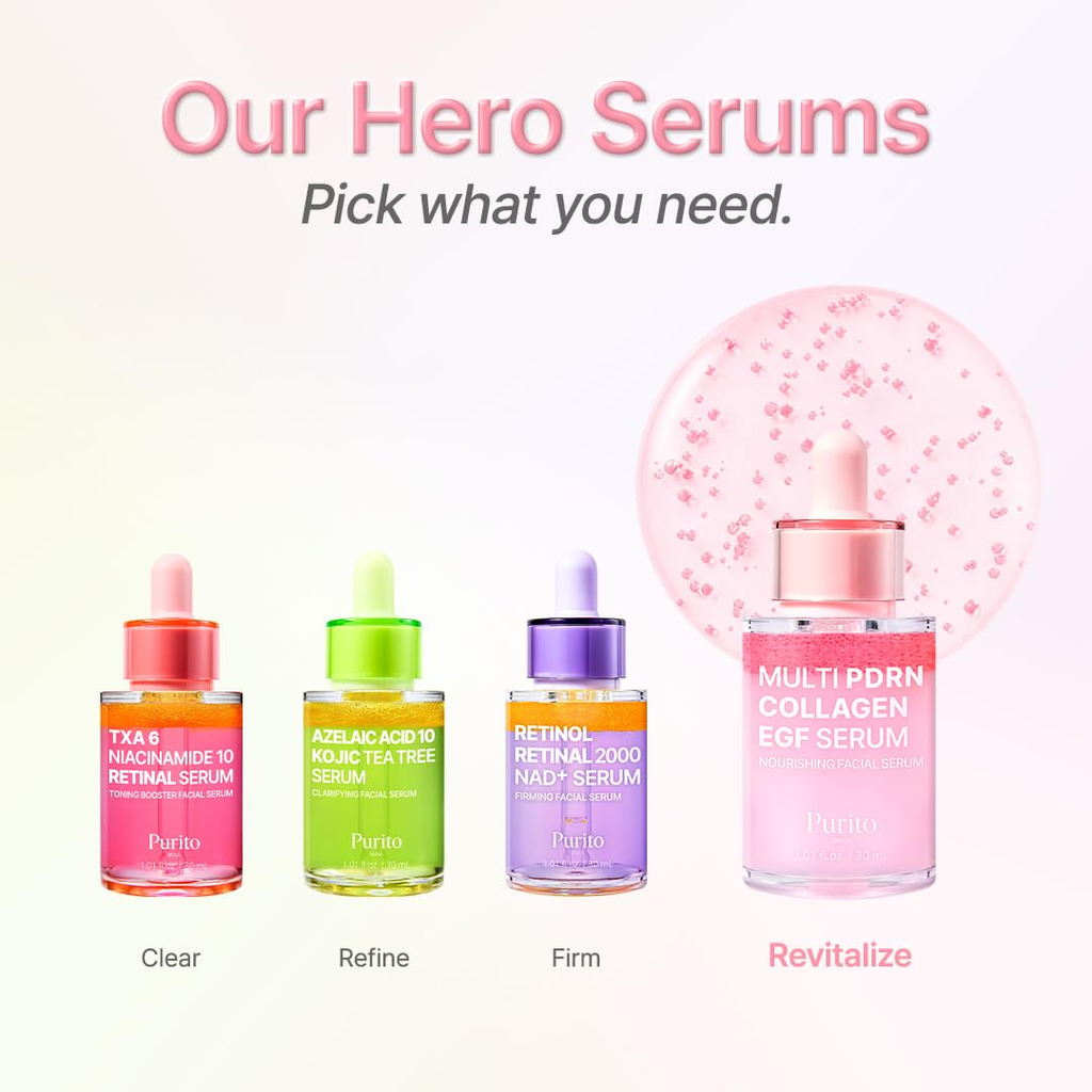 PURITO Multi PDRN + Collagen + EGF Revitalizing Facial Serum | for Glass Skin, Radiance, Elasticity & Hydration | 99% Pure PDRN Complex, Firming & Brightening Booster | Korean Skincare Purito Seoul